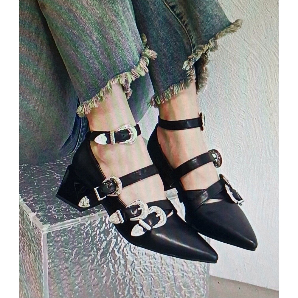 NEW Goth Point Toe Blk Vegan Strappy Pump Silver Buckles Curved Heel 40 US 8-8.5
